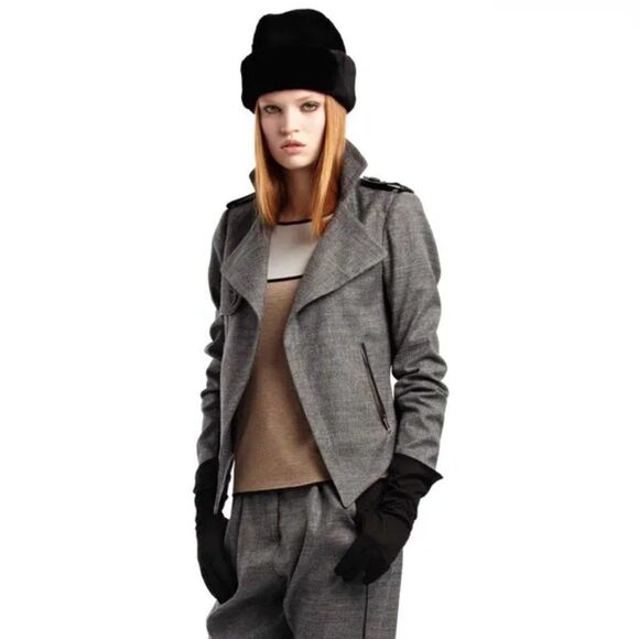 Yigal Azrouel Jackets & Blazers - Yigal Azrouel grey black wool cotton leather trim open front cropped blazer coat